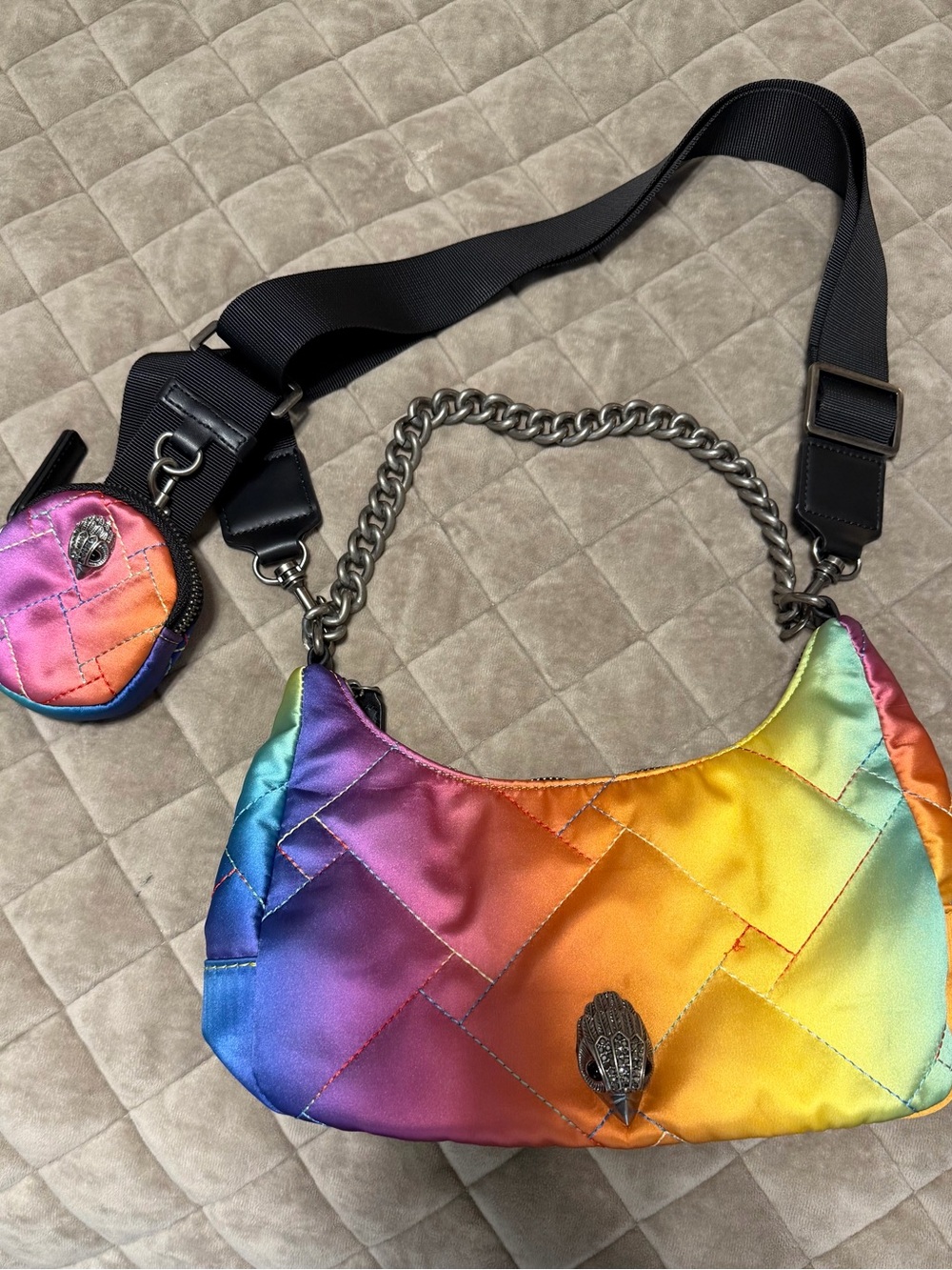 Kurt Geiger Rainbow Quilted Satin Shoulder Bag with Chain and Strap